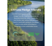 A promotional graphic with a scenic lake and forest background and a translucent overlay reading 'Climate Pledge Friendly' and certification logos for Global Recycled Standard and Climate Pledge Friendly.