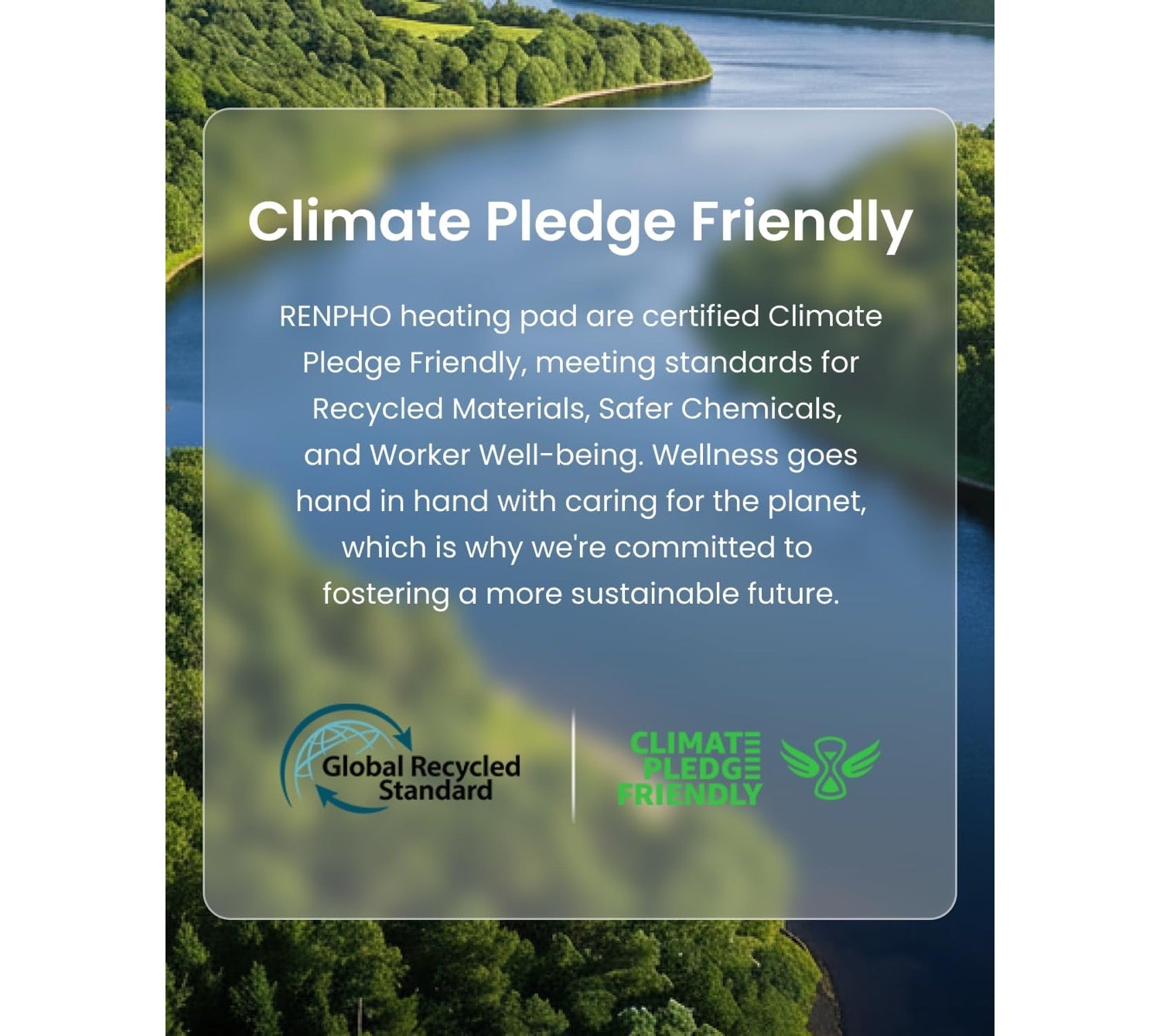 A promotional graphic with a scenic lake and forest background and a translucent overlay reading 'Climate Pledge Friendly' and certification logos for Global Recycled Standard and Climate Pledge Friendly.