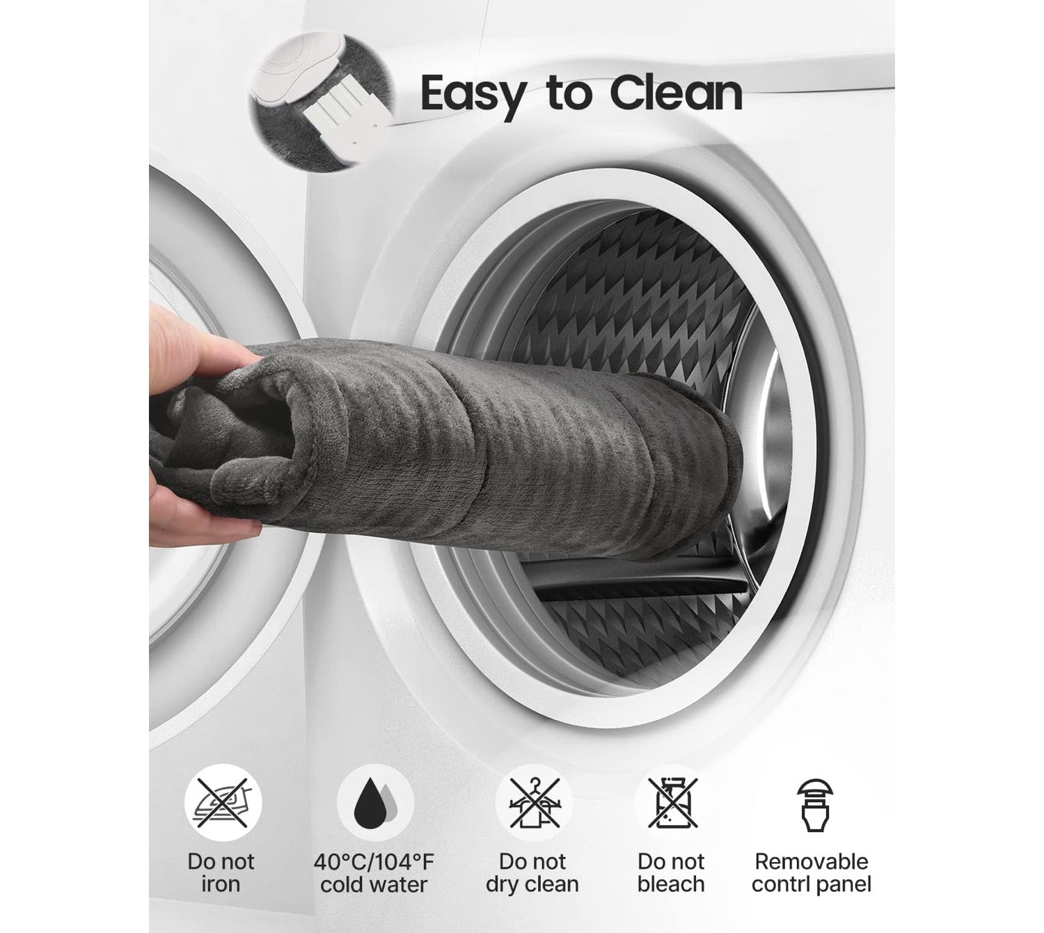A dark gray fabric cleaning pad is being held by a hand toward the open drum of a white washing machine, with the text 'Easy to Clean' above and care icons along the bottom.