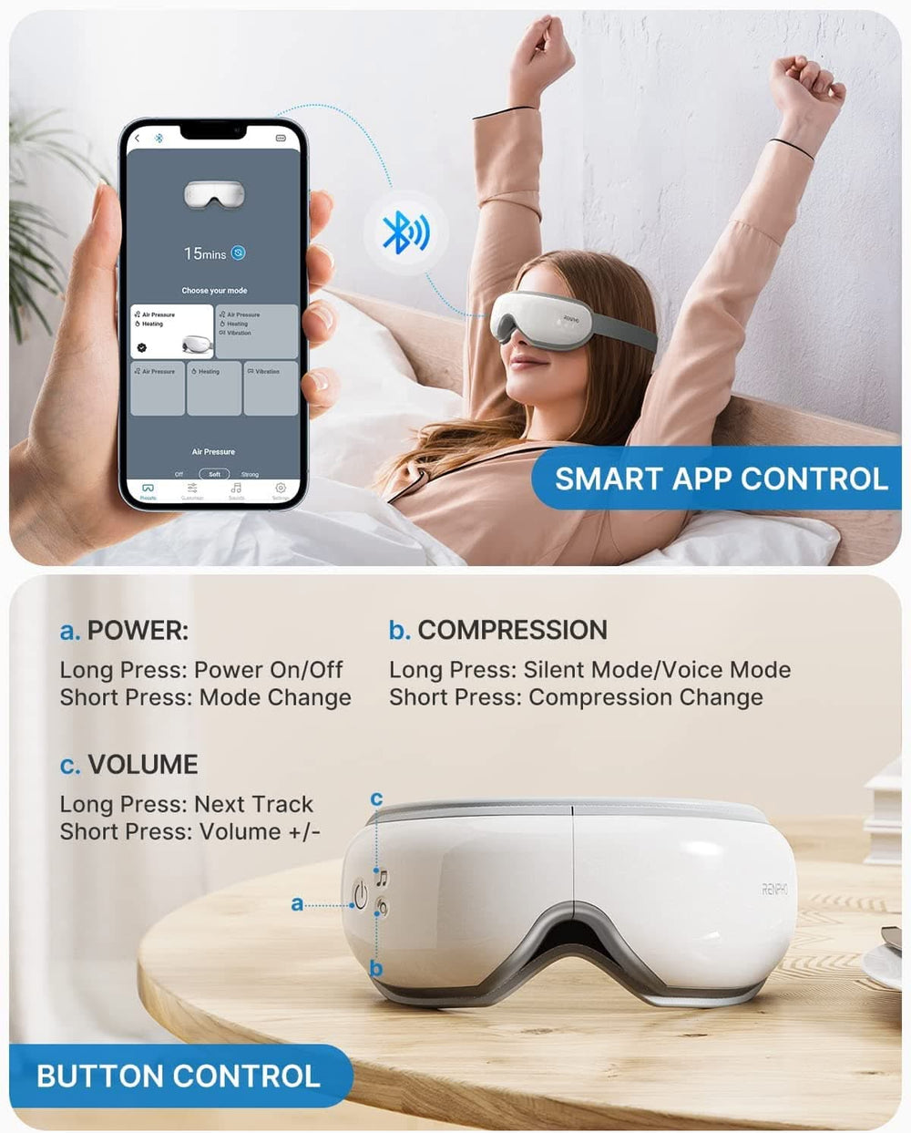 A picture of a woman using a Renpho Eyeris Smart Eye Massager connected to an app.