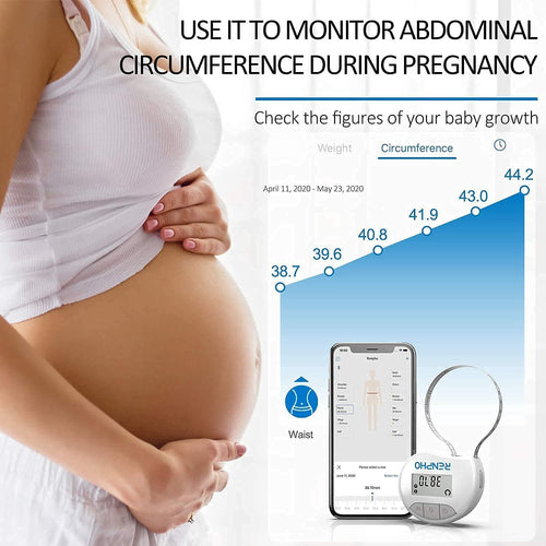 A pregnant woman is using the Renpho Bundle (Elis Aspire Smart Body Scale and Smart Tape Measure BMF01) app to monitor her pregnancy.