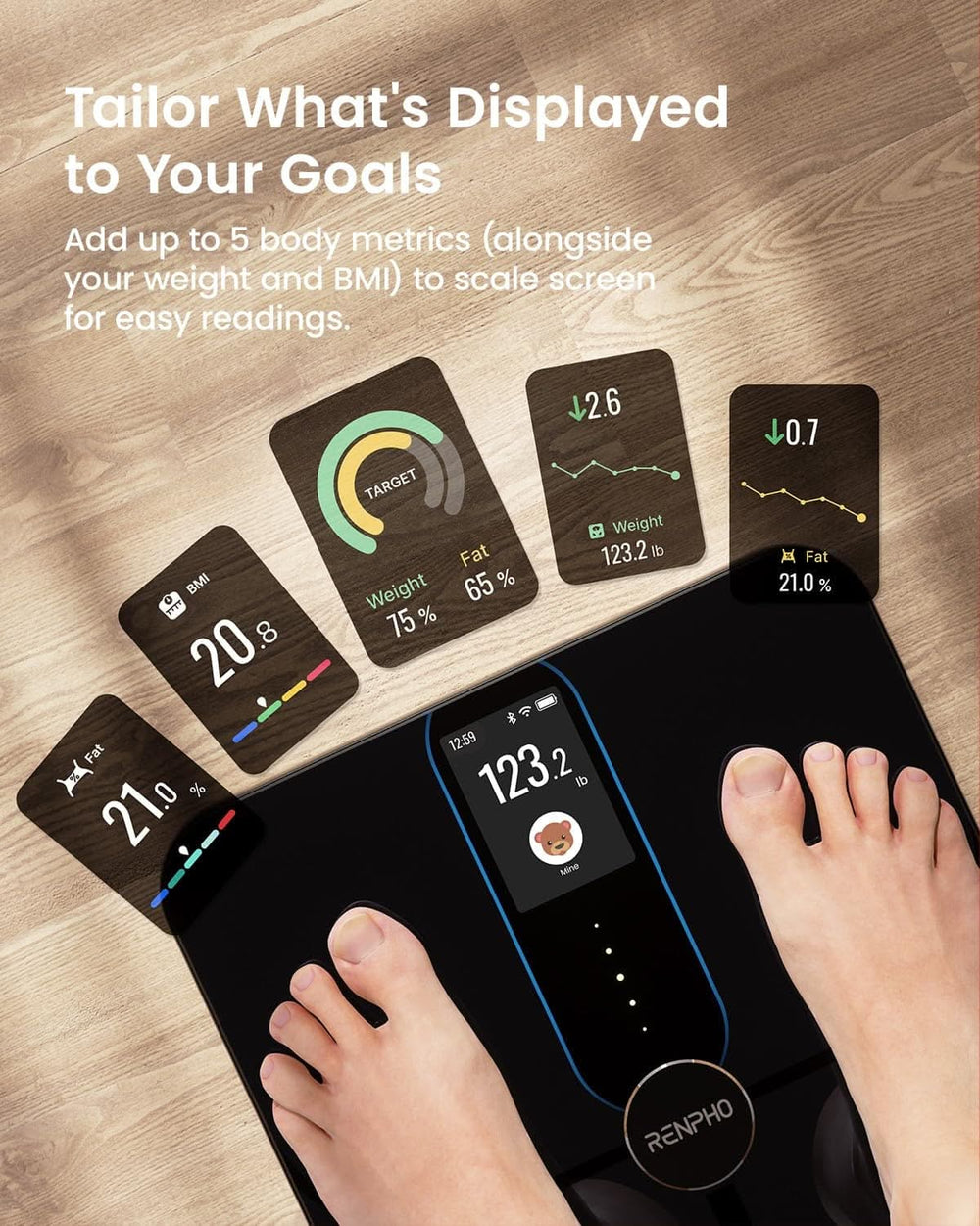 Four digital weight scales, including a Renpho Smart Scale, displaying various health metrics like weight, body fat percentage, and BMI. Text promotes the ability to tailor measurements to personal goals. Scales