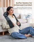 A woman sitting cross-legged on a couch, eyes closed, using a Renpho U-Neck 2 Neck & Shoulders Massager designed for the shoulder and neck. There is a graphic showing the product’s cushioning feature with the text "buffer".