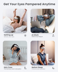 A promotional image featuring four individuals using an Eyeris 1 Eye Massager by RENPHO US in different scenarios: Top left, a woman waking up in bed; top right, a man reclining in an office chair; bottom left, a woman in bed holding skincare products; and bottom right, a woman preparing for sleep on a couch. The Bluetooth feature seamlessly integrates with everyday life while it relieves eye strain.