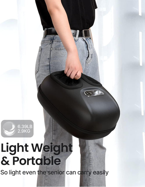 A woman holding a black bag with the words "Renpho Shiatsu Foot Massager Machine with Heat.