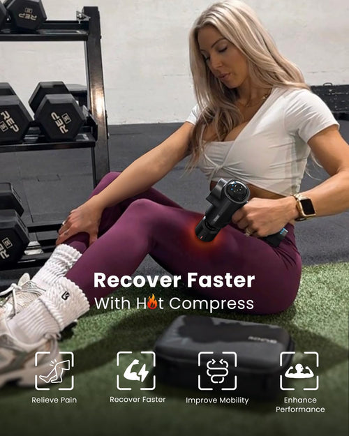 A seated woman with blonde hair uses a Renpho Active Thermacool massage gun on her thigh while wearing a white crop top, maroon leggings, and white socks. She is on a green mat with dumbbells and a black bag in the background. Text reads, "Recover Faster with Renpho," highlighting deep tissue benefits like pain relief.