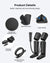 Infographic showcasing product details of a black Renpho Leg Massager Premium (Standard) for muscle recovery. Features include adjustable wraps, larger airbags, a breathable fabric close-up, a controller connector, and smooth air hoses. Includes
