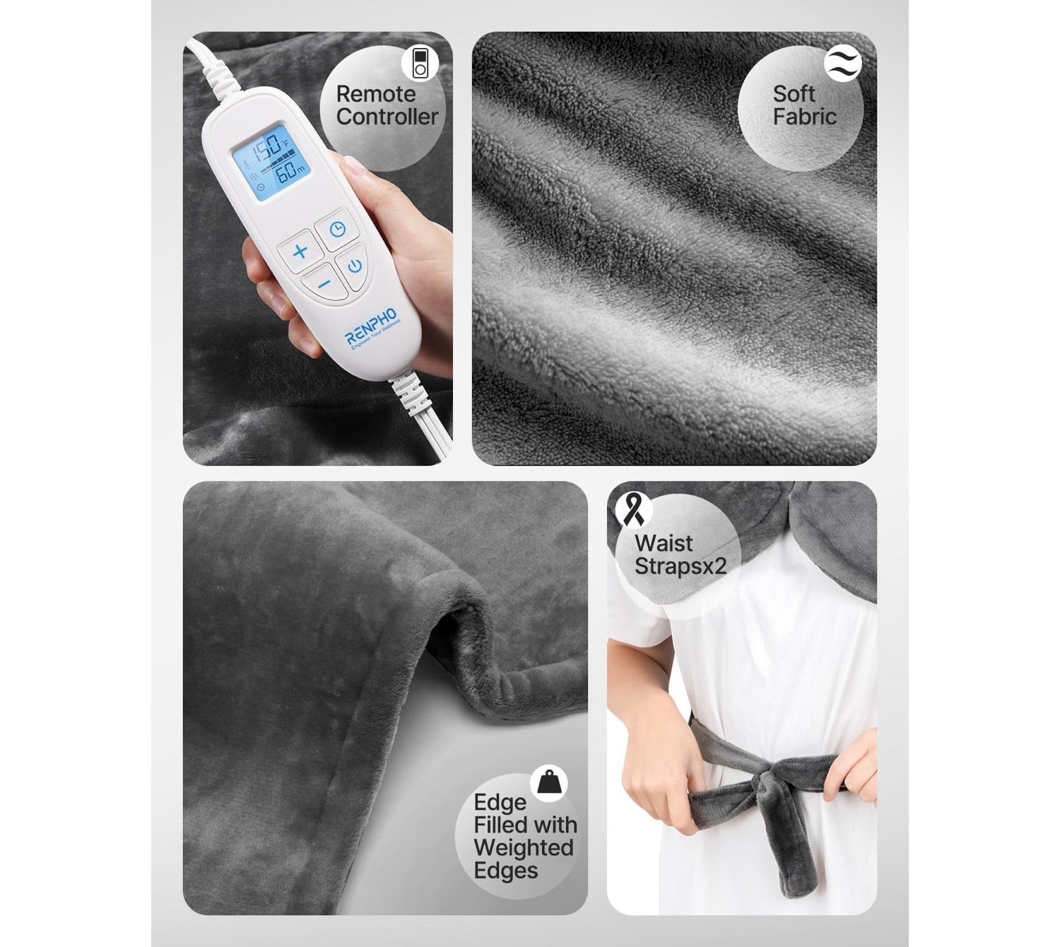 A four-panel product feature collage for an electric blanket. The top-left panel shows a hand holding a white remote controller with the brand name '21STHG' visible.