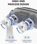 An illustration of a Renpho U-Neck 1 Neck & Shoulders Massager highlighting its features: bi-directional rotation nodes and 8 deep-kneading massage nodes, each encircled and pointed out with blue arrows.