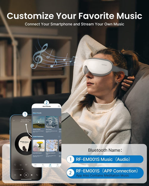 A woman is lying on a bed and using the Renpho Eyeris Smart Eye Massager to listen to personalized and app-connective music.