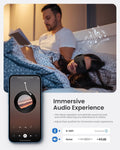 A man reads a book in bed next to a woman wearing a Renpho Eyeris Shift Eye Massager with audio functionality. Musical notes and text "Music" and "audiobook" are illustrated above the woman. Below, a smartphone screen shows audio playing. Text reads: "Immersive Audio Experience" with details on the audio features.