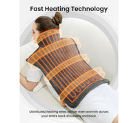 A woman lying down wearing a black neck and back heating pad with glowing orange heat lines, with text reading 'Fast Heating Technology' and 'Distributed heating wires deliver even warmth across your entire back, shoulders, and back.'.