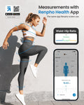 A woman exercising against a gray wall, wearing a white sports bra, gray leggings, and white sneakers. Blue lines and dots highlight body measurements, showcasing the Renpho Smart Tape Measure BMF01's capabilities. Text on the image promotes the app with screenshots of its interface and features.