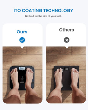 A pair of feet on a Renpho Solar Power Bluetooth Weight Scale showcasing ITO Coating Technology, an eco-friendly and solar-powered innovation. (A)