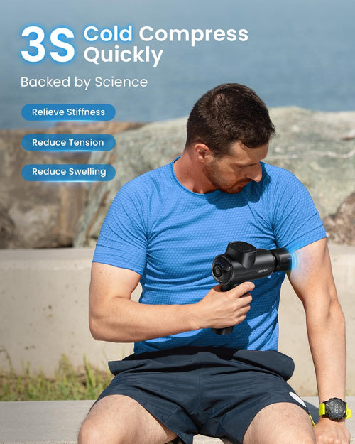 A man in a blue athletic shirt and navy shorts uses a Renpho Active Thermacool by Renpho on his left shoulder, relieving muscle pain. He is seated outdoors on a concrete bench with greenery and rocks in the background. The text on the image reads "3S Cold Compress Quickly," "Backed by Science," "Relieve Stiffness," "Reduce Tension," and "Reduce Swelling.