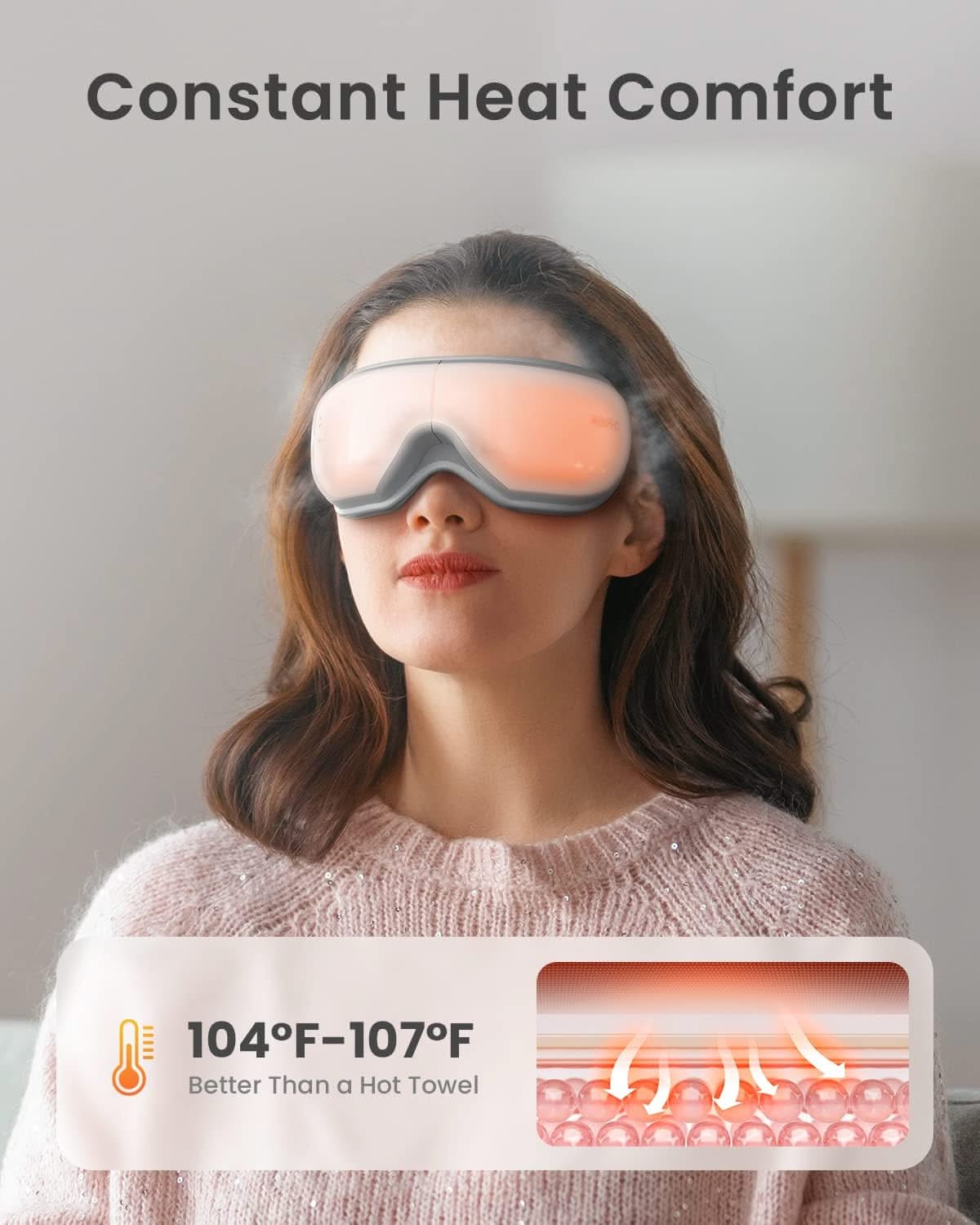 A woman with long brown hair sits on a sofa, wearing the RENPHO US Eyeris 1 Eye Massager that relieves eye strain. The mask emits a warm orange glow. Above, text reads, "Constant Heat Comfort." An inset box below shows a diagram of the eye massager’s heating elements and indicates a temperature range of 104°F - 107°F with the caption, "Better Than a Hot Towel.