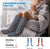 A woman is sitting in bed with leg discomfort and muscle flexibility while using the Renpho Leg Massager Pro +.