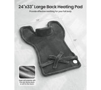A dark gray back heating pad with a neck support and tie closure, shown on a light gray background with dimension lines indicating 24 by 33 inches. Text at the top reads '24"x33" Large Back Heating Pad' and there is a small fabric close-up inset at the lower left.