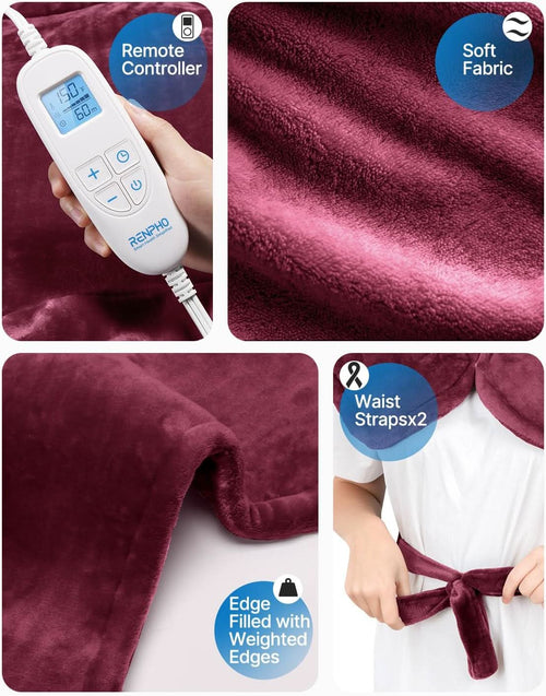 Image of a RENPHO Heating Pad for Neck, Shoulders, and Back in burgundy color, size 24"x33" with four panels. Top left: Close-up of the remote controller displaying temperature and time. Top right: Soft fabric texture ideal for pain relief. Bottom left: Edge filled with weighted edges. Bottom right: Person securing the heating pad around their waist with straps, perfect for soothing period cramps.