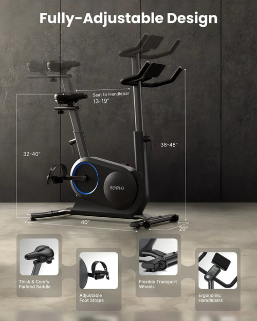 An image of a Renpho AI Smart Bike S in a minimalist room. The features labeled include a thick padded saddle, adjustable foot straps, flexible transport wheels, and ergonomic handlebars. The dimensions shown are 13-19 inches from seat to handlebar, seat height ranging from 32-40 inches, handle height between 38-48 inches, and a base measuring 40 inches long by 20 inches wide.