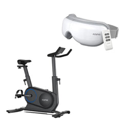 A Renpho US Bundle featuring the AI Smart Bike S in black with a digital display, adjustable seat, and handlebars is shown on the bottom left, ideal for your fitness journey. To the top right is the white Eyeris 1 eye massager with a sleek design, adjustable elastic head strap, and a remote control attached by a cord.