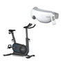 An image of two products. The first is the RENPHO Bundle: AI Smart Bike S with a sleek, modern design featuring a dark frame, an adjustable seat, and a digital display. The second is the RENPHO Eyeris 1 eye massager with a white, goggle-like appearance and an attached remote control.