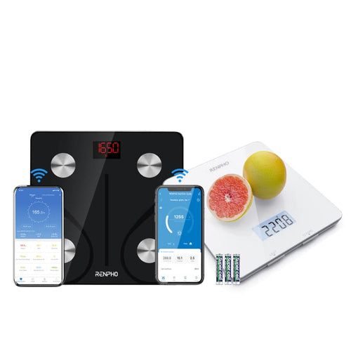 A Renpho Bundle (Calibra 1 Smart Nutrition Scale and Elis 1 Smart Body Scale) promoting fitness and health with a phone and fruit next to it. (A)