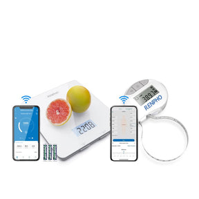 A wellness bundle including a Renpho Smart Tape Measure Body and RENPHO Food Scale, paired with a mobile phone for tracking health recovery and accompanied by nutritious fruit for overall wellness. (A)