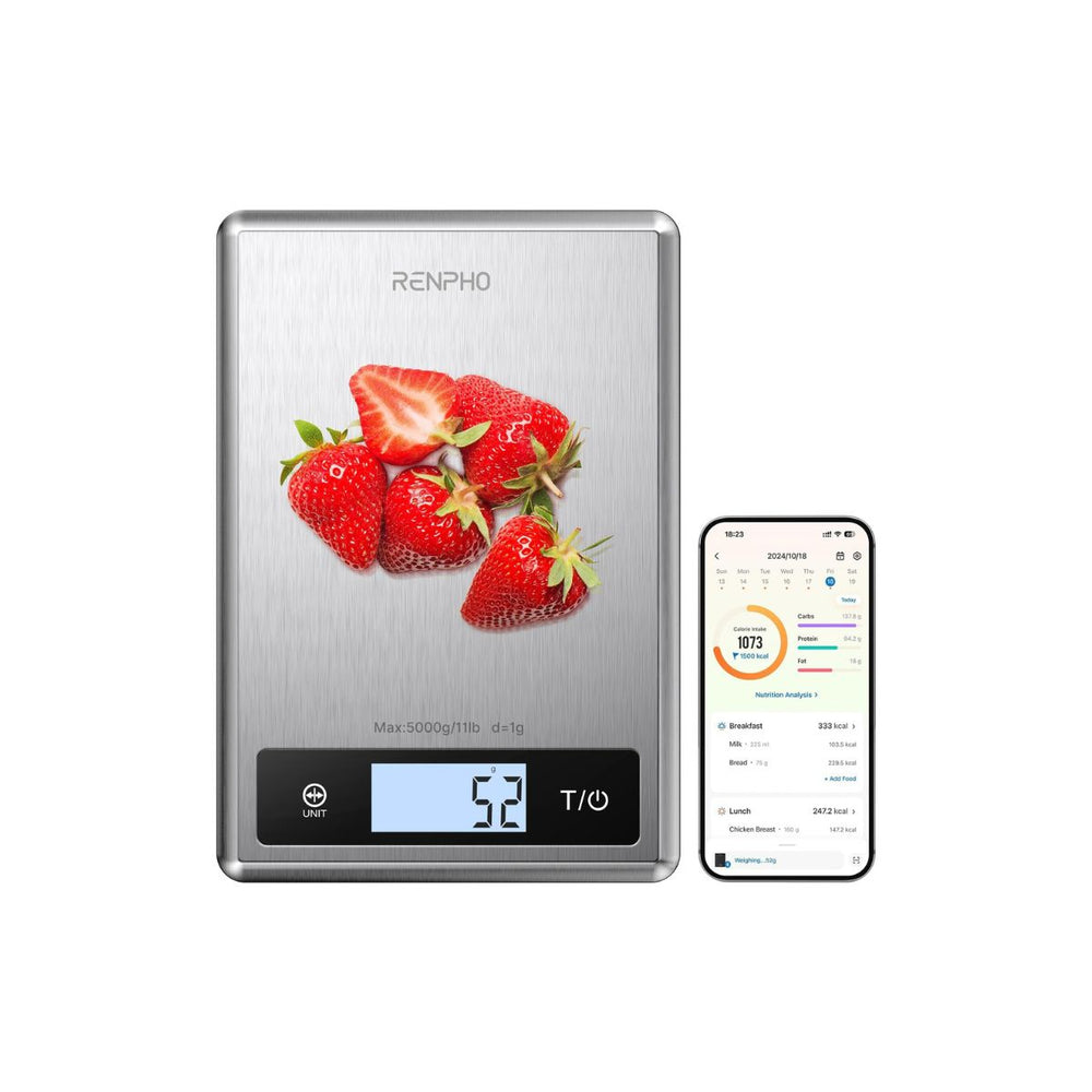 A fitness-oriented Renpho Calibra 1 Smart Nutrition Scale (Silver) with avocados and a phone next to it, promoting health.(A)