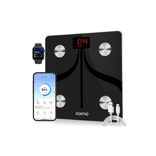 A smart body scale connected to a phone for health tracking and wellness monitoring.(A)