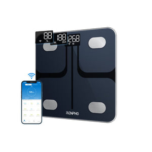 A Renpho Elis A003 Smart Body Scale with a phone next to it, promoting wellness and fitness.(A)
