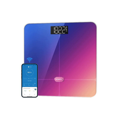 A wellness and health-focused Renpho Elis 2 Smart Body Scale (Red Gradient) paired with a smart phone for comprehensive fitness tracking.(A)