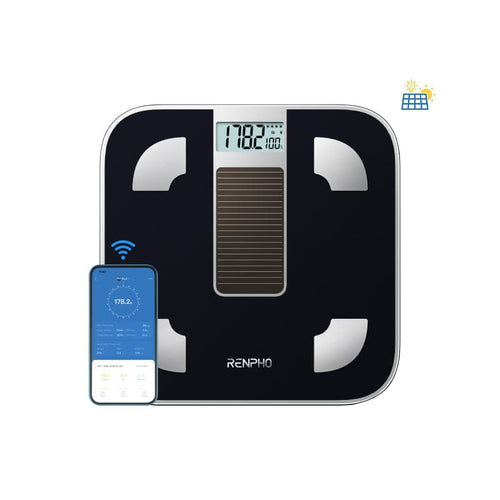 A health and fitness-focused Renpho Elis Solar Smart Body Scale displayed alongside a phone.(A)
