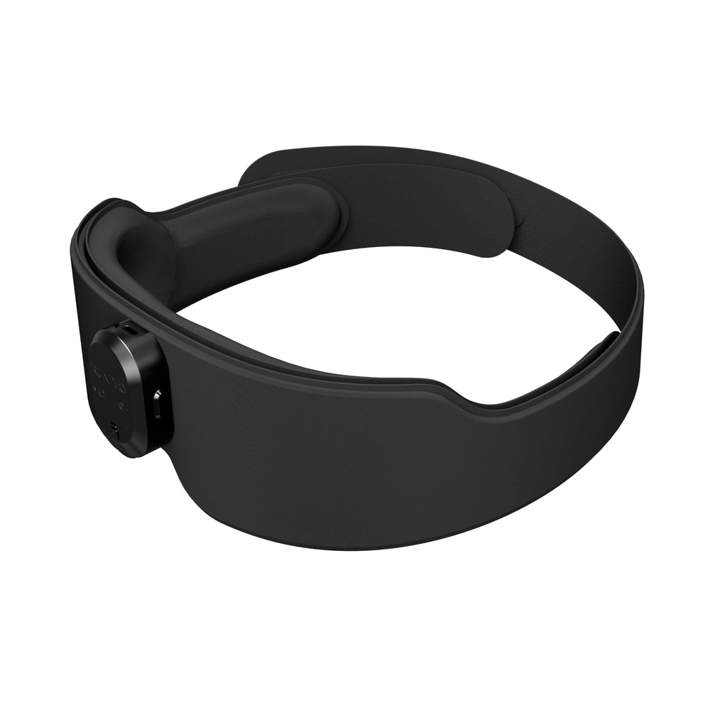 An EyeSnooze Aroma by Renpho black wristband with a button on it. (A)