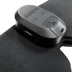A black and white image of the Renpho EyeSnooze Aroma device that is connected to the back of a person's head.(A)