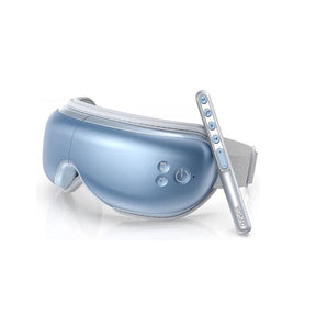 A wellness device, the Eyeris 1 Eye Massager, offers relaxation and stress relief with a Metalle Blue / Seaside design and a remote control. (A)