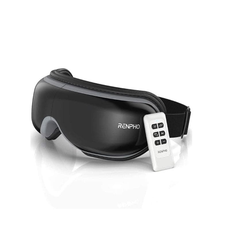 A black RENPHO US Eyeris 1 Eye Massager is pictured on a white background. The device has a sleek, curved design and features an adjustable strap. Equipped with Bluetooth for added convenience, it also includes a white remote control with six black buttons embossed with the RENPHO US logo.