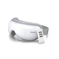 A white RENPHO US Eyeris 1 Eye Massager with a gray adjustable strap is shown. The streamlined device has a sleek, modern design with a small control screen on the side and Bluetooth feature for added convenience. It effectively relieves eye strain. Accompanying the massager is a white rectangular remote control featuring several buttons for various settings.