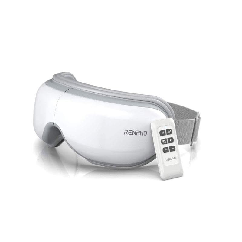 A white RENPHO US Eyeris 1 Eye Massager with a gray adjustable strap is shown. The streamlined device has a sleek, modern design with a small control screen on the side and Bluetooth feature for added convenience. It effectively relieves eye strain. Accompanying the massager is a white rectangular remote control featuring several buttons for various settings.