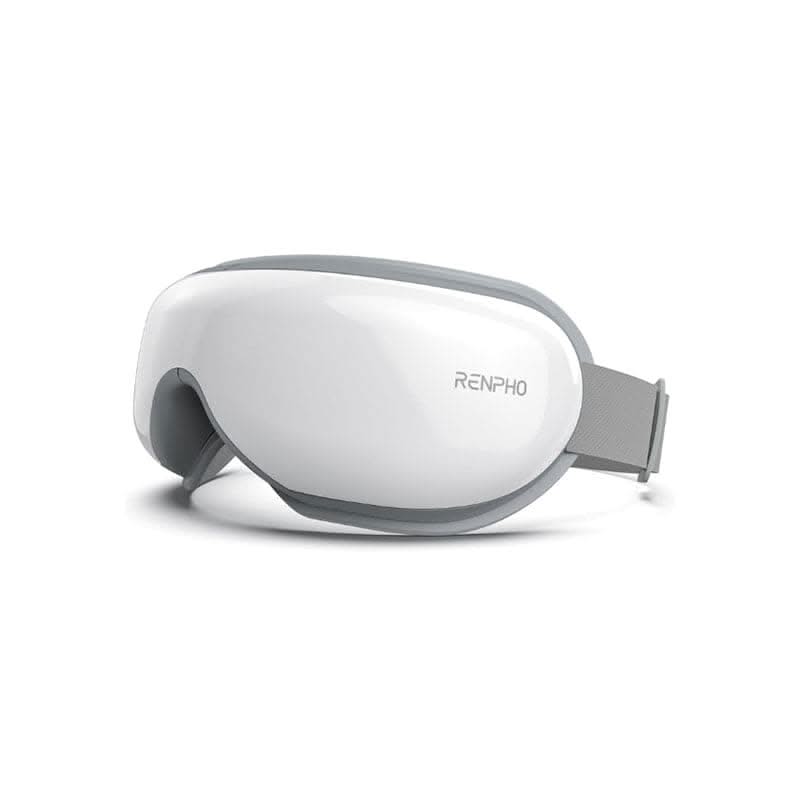 A RENPHO US Eyeris 1 Eye Massager with a sleek, white front and gray edges is perfect for personal use, covering the eyes completely to relieve eye strain. It features an adjustable gray strap and the logo is visible on the right side. Plus, it includes a Bluetooth feature for added convenience (A)