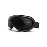 A black RENPHO US Eyeris 1 Eye Massager with an adjustable headband is shown against a white background. The sleek device, featuring a curved, glossy front panel with the brand name "RENPHO US" printed on the right side in white text, appears modern and technologically advanced. It includes a Bluetooth feature to enhance its capability in relieving eye strain.