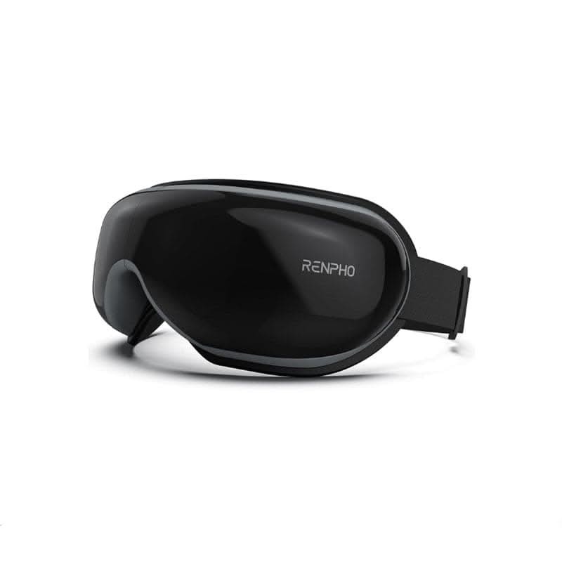 A black RENPHO US Eyeris 1 Eye Massager with an adjustable headband is shown against a white background. The sleek device, featuring a curved, glossy front panel with the brand name "RENPHO US" printed on the right side in white text, appears modern and technologically advanced. It includes a Bluetooth feature to enhance its capability in relieving eye strain.
