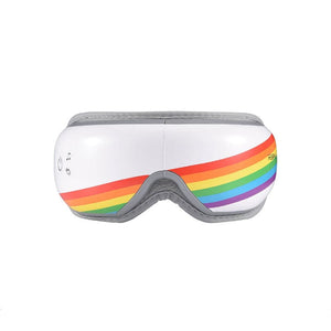A pair of rainbow stripe Renpho Eyeris Eye Massager goggles perfect for promoting wellness and relaxation.(A)