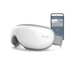 A pair of Renpho Eyeris Smart Eye Massagers with a personalized mobile phone attached, offering app-connective features.(A)