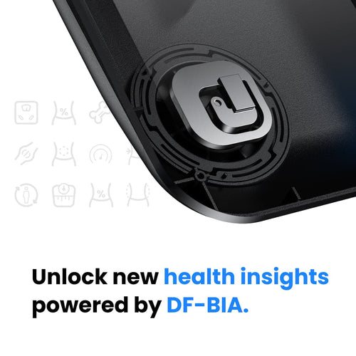 Close-up image of a MorphoScan Smart Body Scale by Renpho with a circular metal sensor on a black surface. The background features a series of light grey health-related icons, such as heartbeat, water bottle, and muscle. Below reads: “Unlock new health insights powered by DF-BIA Bioelectrical Impedance Analysis” in black and blue font.