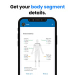 A smartphone screen displays a fitness app interface with the title "Muscle Balance." It shows measurements for the left arm, right arm, trunk, left leg, and right leg, each with weight, standard, and high percentages. Using the Renpho MorphoScan Smart Body Scale's bioelectrical impedance analysis feature, get your body composition details at a glance.