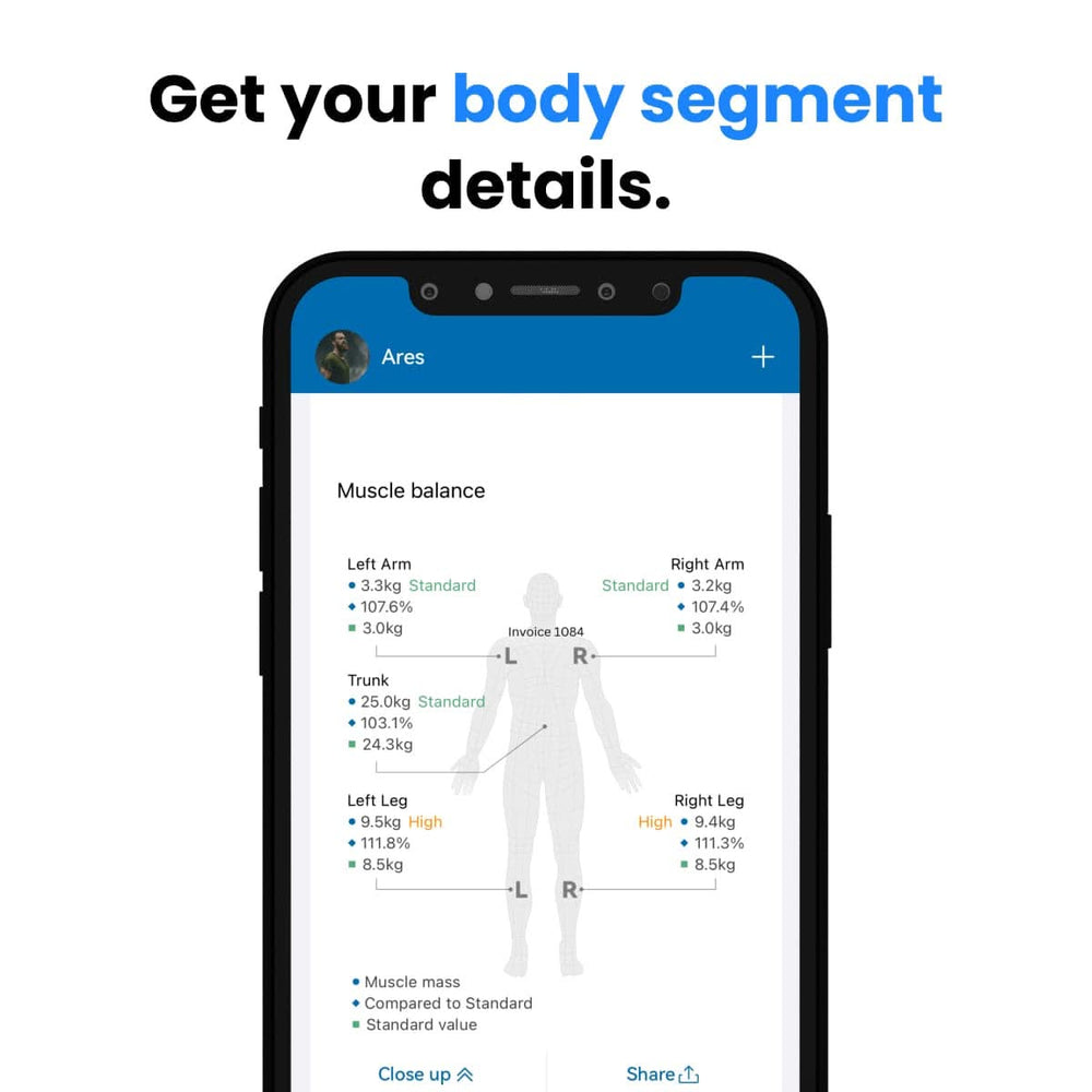 A smartphone screen displays a fitness app interface with the title "Muscle Balance." It shows measurements for the left arm, right arm, trunk, left leg, and right leg, each with weight, standard, and high percentages. Using the Renpho MorphoScan Smart Body Scale's bioelectrical impedance analysis feature, get your body composition details at a glance.