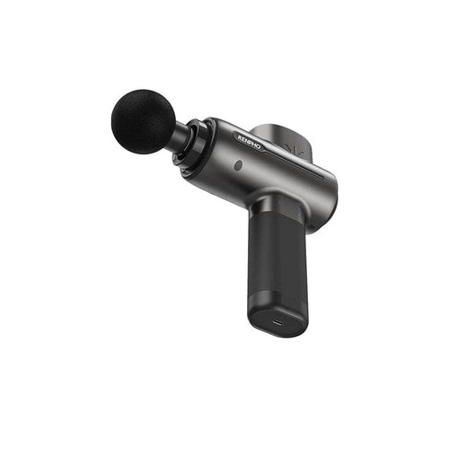 The image shows the Renpho Active Massage Gun with a sleek, metallic gray finish designed for deep-tissue massage. It has a T-shaped design, featuring a cylindrical body with a rounded black massage head at one end and a horizontal black grip handle at the other. The brand name, Renpho, is printed on the side near the top.(A)