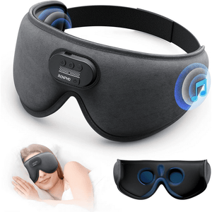 A woman is sleeping with a RENPHO Eye Mask with Bluetooth Music and earphones. (Brand: RENPHO US)(A)