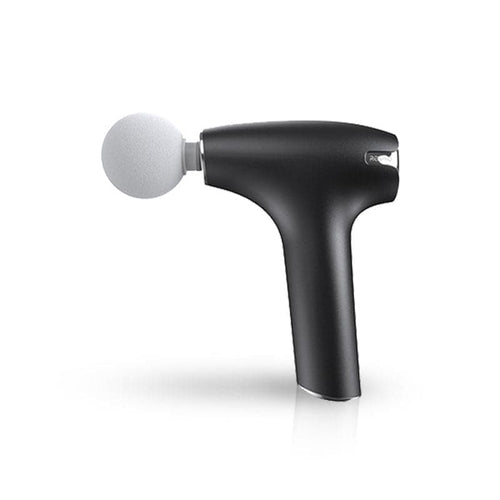 The Lite Massage Gun by Renpho is a black handheld device with a sleek, ergonomic design. It features adjustable massage settings and comes with a white, round massage head attachment at the top. There is a button located near the handle for ease of use. This stylish device stands upright against a white background. (A)